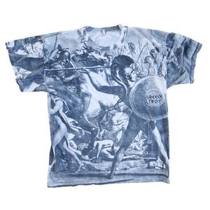Vintage Greek Troy Graphic Print T-Shirt Ancient Battle Scene unisex medium‎